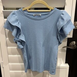 Zara Women's Light Blue Ruffle Sleeve Blouse